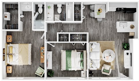 Floor plan for 2 beds, 2 baths, 836 sqft
